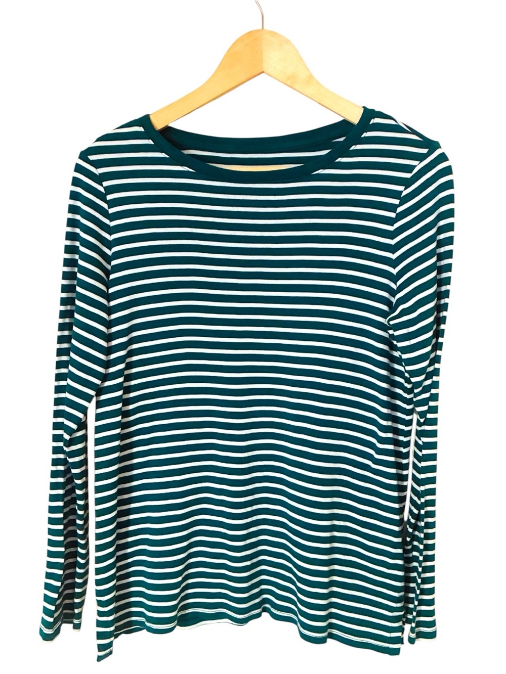 J. Jill Sz SMALL Jade Green White Striped Long-Sleeve Pima Cotton Crewneck Shirt - Picture 3 of 7
